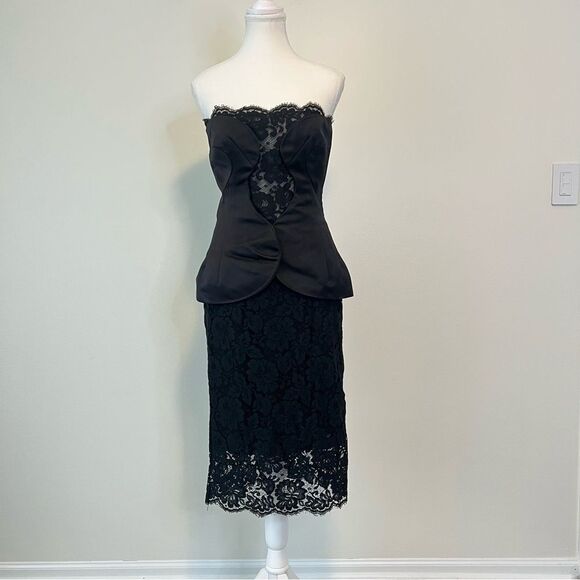 CUSHNIE ET OCHS Strapless Black Duchess Satin Lace Midi Dress Size 6 - Picture 3 of 15